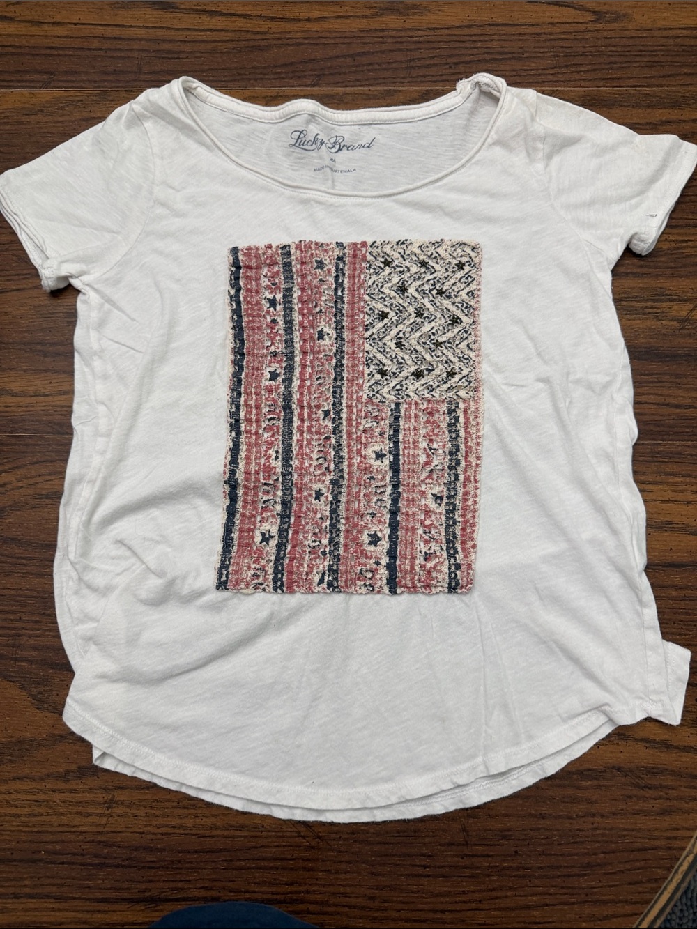 Lucky Brand White Short Sleeve Tee with Red and Navy Patch Graphic